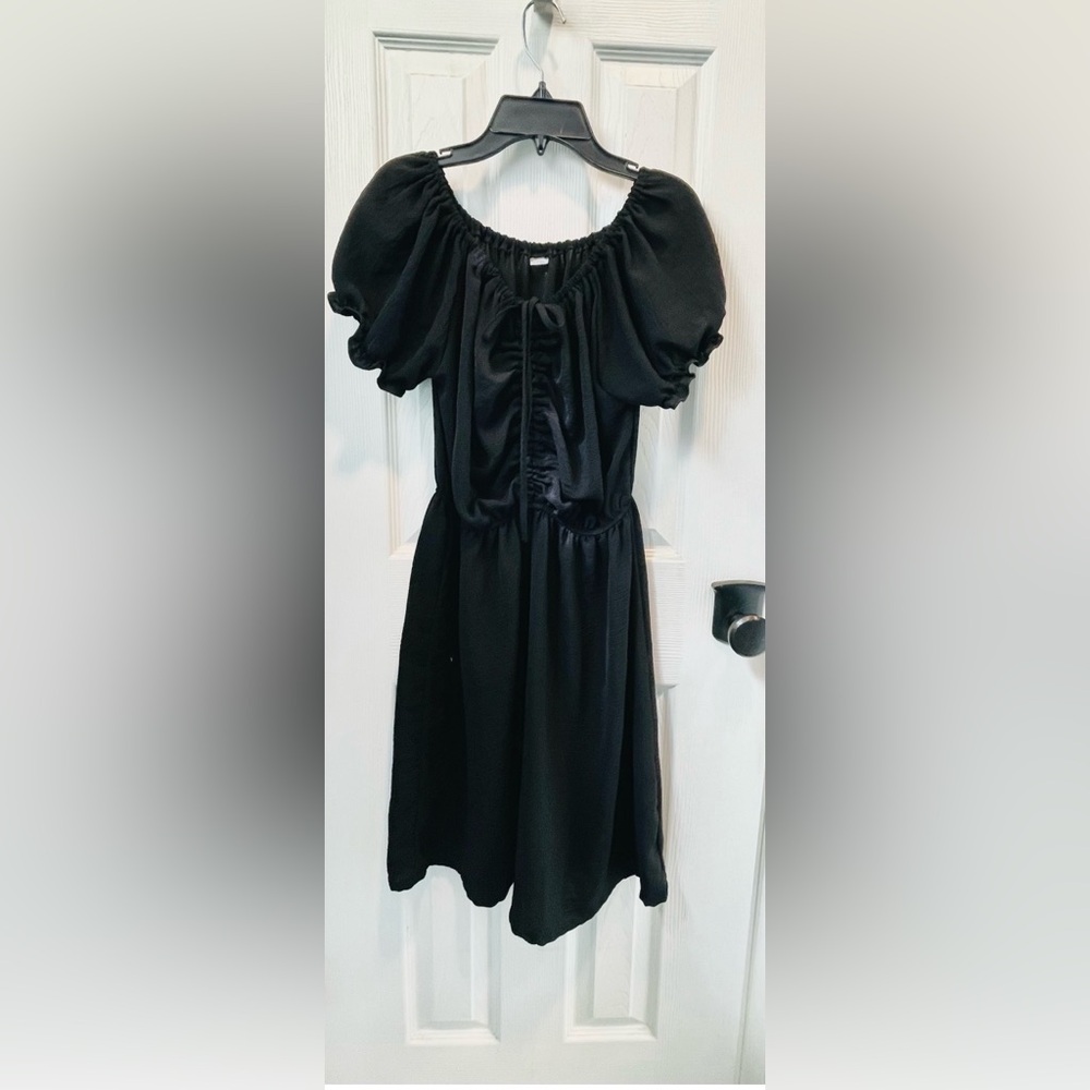 Cute Elegant Black Puff-Sleeve Midi Dress